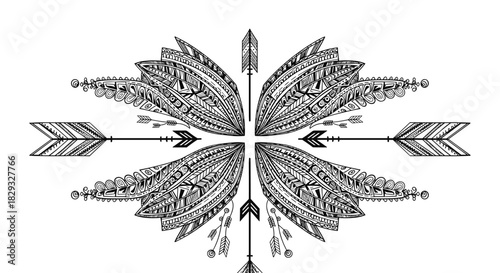 An ornate symmetrical design featuring four feathered arrows pointing outwards from a central abstract pattern.