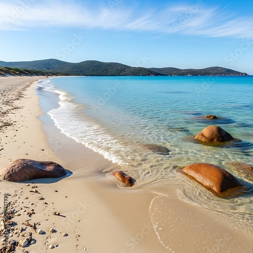 Idyllic beach scene with turquoise water and smooth rocks in Corsica.