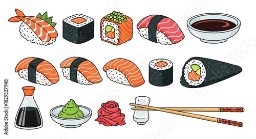 A delightful collection of various sushi rolls and traditional Japanese accompaniments beautifully arranged for your culinary enjoyment.