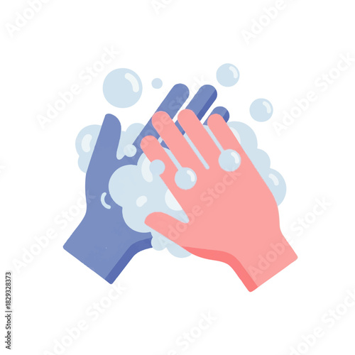 Illustration of two hands, one blue and one pink, being washed with soap and bubbles, emphasizing hygiene and cleanliness.