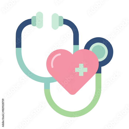 A stylized illustration of a stethoscope intertwined with a pink heart featuring a white cross, symbolizing health and medical care.