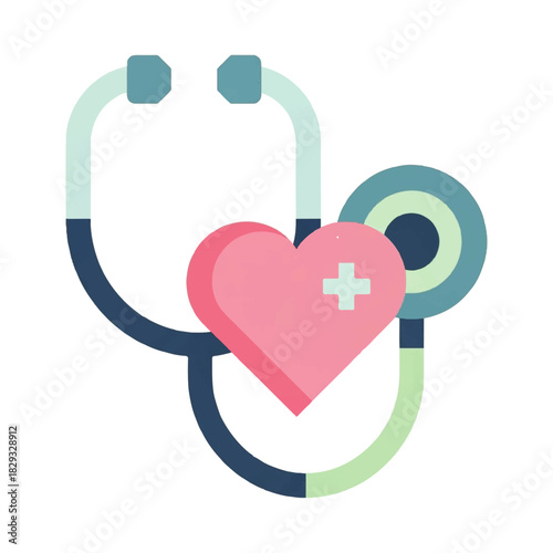 A flat design icon of a stethoscope wrapped around a pink heart with a white cross, symbolizing health and medical care.
