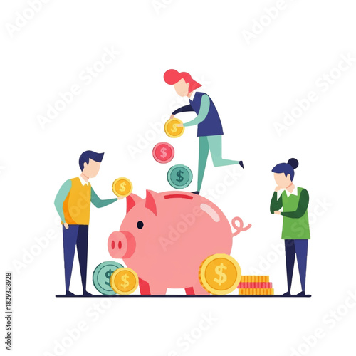 Three people collaboratively saving money in a large pink piggy bank, symbolizing financial planning and investment.