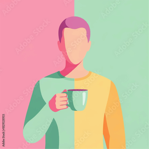 A minimalist illustration of a person holding a cup, with a split-color background and clothing in pastel tones.