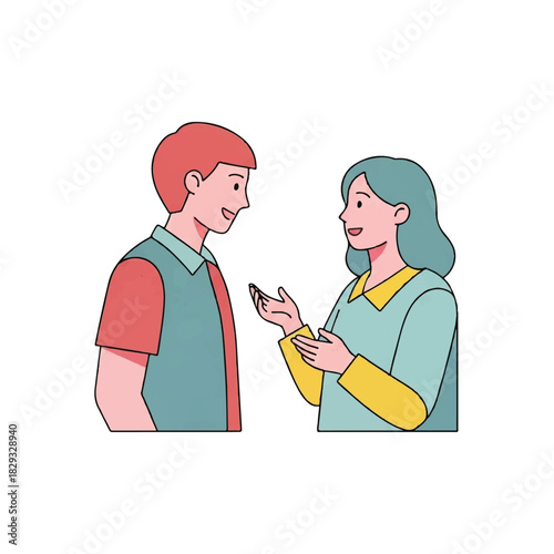 Two smiling people having a friendly conversation, with the woman holding a small device.