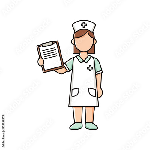 Cartoon illustration of a female nurse in uniform holding a clipboard, representing healthcare and medical professions.