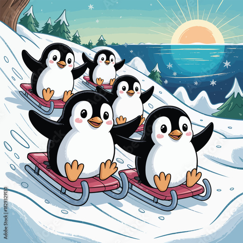 Cute cartoon penguins sledding down a snowy hill at sunset Keywords: penguins, sledding, snow