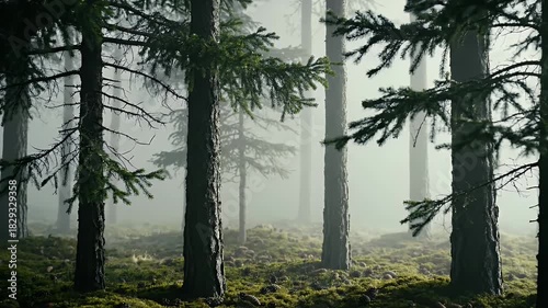 Misty Forest Sunlight Rays Through Pine Trees With Mossy Ground And Green Foliage