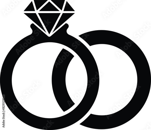 Interlocked wedding rings with diamond illustration black and white