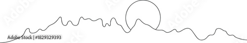 Black line drawing of abstract mountain peaks and sun