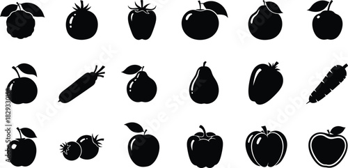 Black and white fruit and vegetable silhouette set
