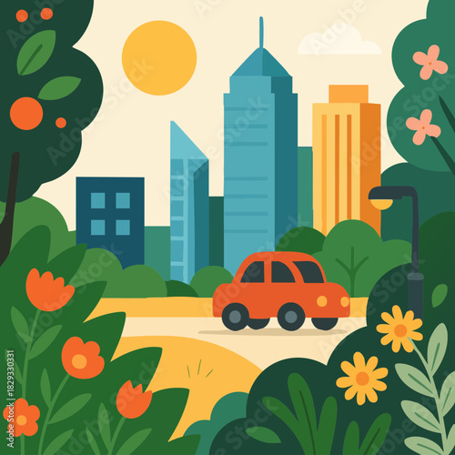 Colorful City Park Landscape with Car, Bright and playful illustration of a cityscape with greenery, flowers, trees, and a small car driving along the path. Perfect for editorial content, children’s