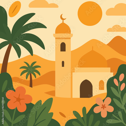 Mosque and Desert Landscape with Palm Trees, Beautiful illustration of a mosque surrounded by palm trees, sand dunes, and an orange sunset. Great for travel themes, Islamic content, cultural visuals, 