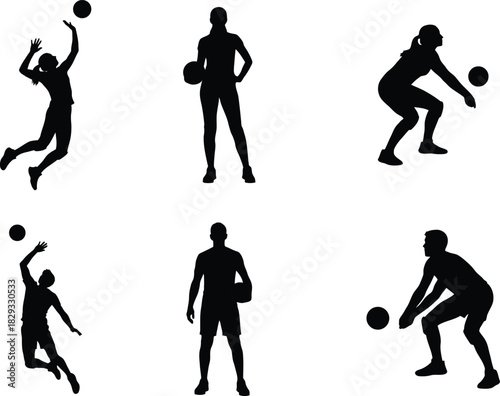 Volleyball players silhouettes in action positions vector illustration