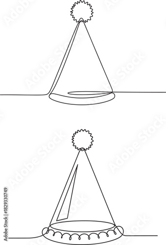 Two simple line drawings of a party hat with a pom pom on top