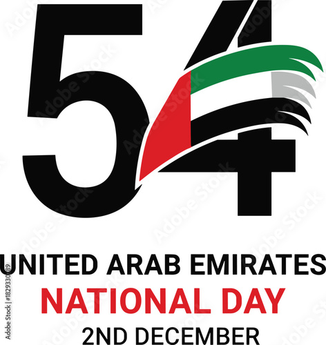 United Arab Emirates National Day 54th Anniversary Design, Featuring UAE Flag Colors Integrated with Typography, Holiday Celebration Vector Illustration.