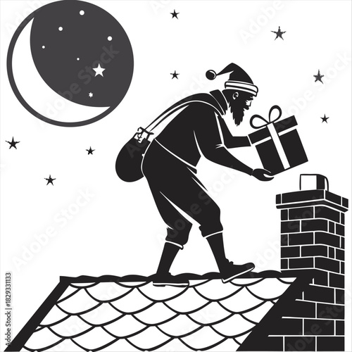 Santa Claus on the roof going down the chimney silhouette. Vector illustration of a traditional Christmas character delivering gifts