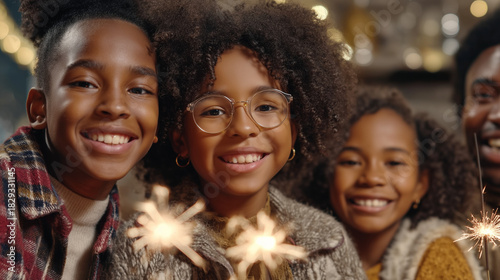 Happy family celebrating New Year’s Eve together with glowing sparklers and warm festive holiday atmosphere