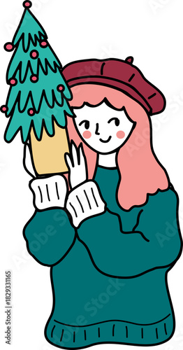 Winter girl with Christmas tree gift cartoon