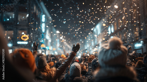Joyful New Year’s Eve street celebration with cheering crowd, festive lights, and falling confetti at night
