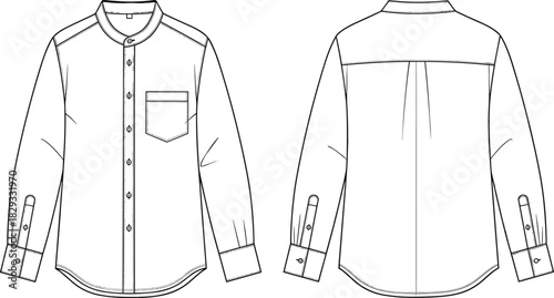 Men's or Unisex Long Sleeve Mandarin Collar Shirt Technical Fashion Flat Sketch Template, Featuring Button Placket, Chest Pocket, and Squared Cuffs Detail, Front and Back View Outline Drawing.
