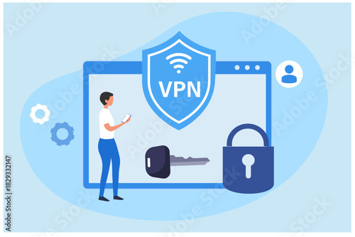 VPN Service Concept. Using VPN to protect personal data in smartphone. Virtual Private Network. Secure network connection and privacy protection