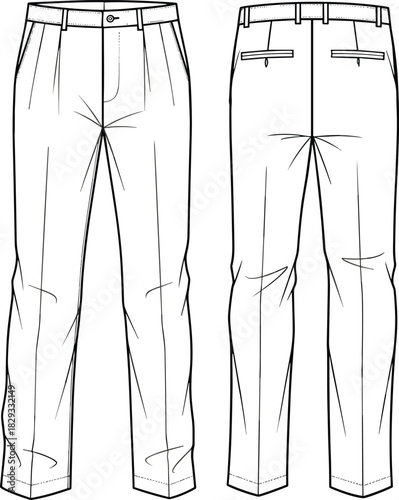 Men's or Unisex Pleated Suit Trousers Technical Fashion Flat Sketch Template, Featuring Waistband with Belt Loops, Creases, Side Pockets, and Back Welt Pockets, Front and Back View Outline Drawing.