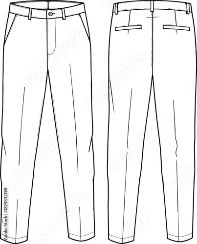 Men's or Unisex Tapered Chino Trousers Technical Fashion Flat Sketch Template, Featuring Waistband with Belt Loops, Front Slanted Pockets, and Back Welt Pockets, Front and Back View Outline Drawing.