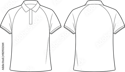 Short sleeve polo shirt flat sketch, raglan sleeve design, front and back view, fashion illustration, apparel template, garment construction, technical drawing, clothing vector