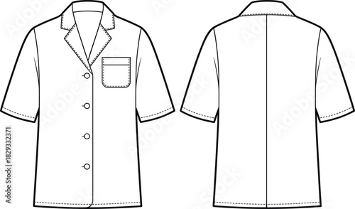 Short sleeve shirt fashion illustration, technical sketch, notched collar design, chest pocket detail, button front closure, sewing pattern, garment template, apparel mockup