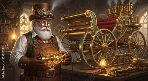 Steampunk Santa Claus with Engineering Tools and Antique Vehicle in Workshop