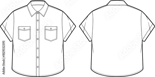 Short sleeve shirt technical sketch, front and back view, button-up design, fashion template, garment illustration, chest pockets, pointed collar, folded cuffs, apparel layout