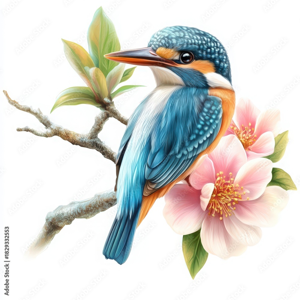 Obraz premium Vibrant kingfisher perched among delicate pink blossoms, a stunning nature illustration perfect for springtime designs and elegant branding, beautifully detailed