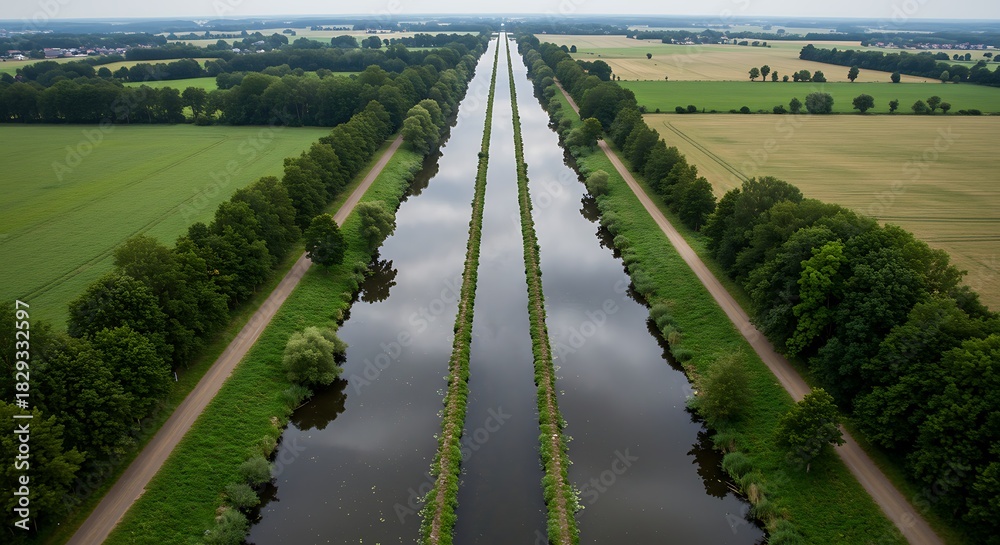 Naklejka premium Aerial view of a straight canal system cutting through verdant farmlands and lined with trees