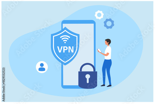 VPN Service Concept. Using VPN to protect personal data in smartphone. Virtual Private Network. Secure network connection and privacy protection