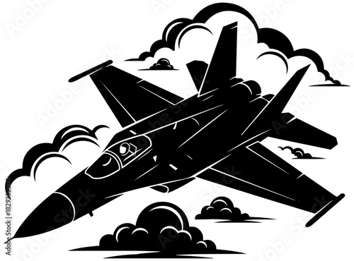 Dramatic fighter jet soars through clouds, showcasing power and aerodynamic design