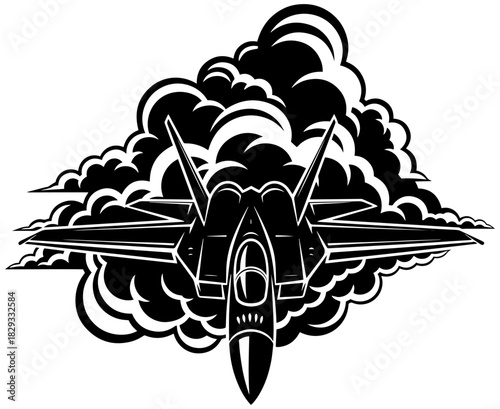Dramatic fighter jet soars through turbulent skies, a symbol of power and agility