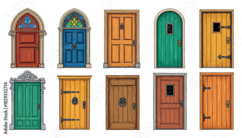 A collection of ten cartoon doors in various colors and styles on a white background vector illustration