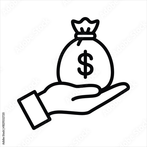 Outlined hand presents a money bag prominently displaying a dollar sign on transparent background