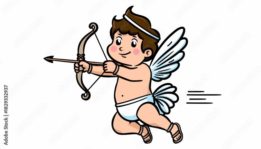 Obraz premium Sweet little cupid angel flying and shooting an arrow of love. A charming cartoon illustration isolated on a white background for romantic designs