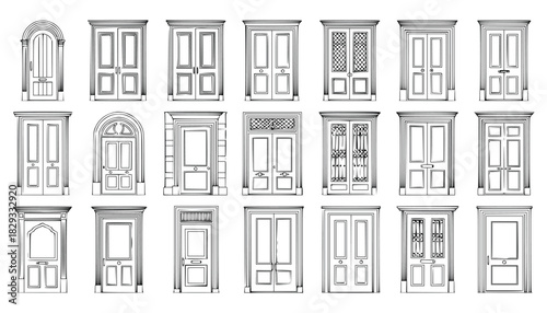 Obraz na płótnie Collection of various door designs in black and white line art illustration styl