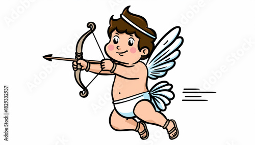 Sweet little cupid angel flying and shooting an arrow of love. A charming cartoon illustration isolated on a white background for romantic designs