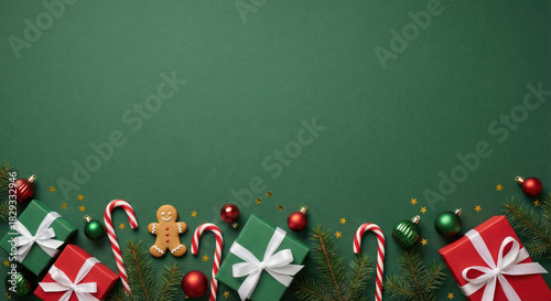 Christmas holiday background with festive decorations, gift boxes, candy canes, and fir branches on a green surface with copy space.