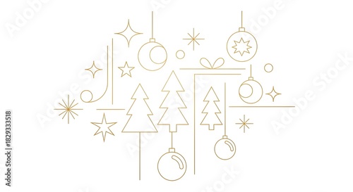 Festive gold line art collection featuring Christmas trees, stars, and baubles on a white background