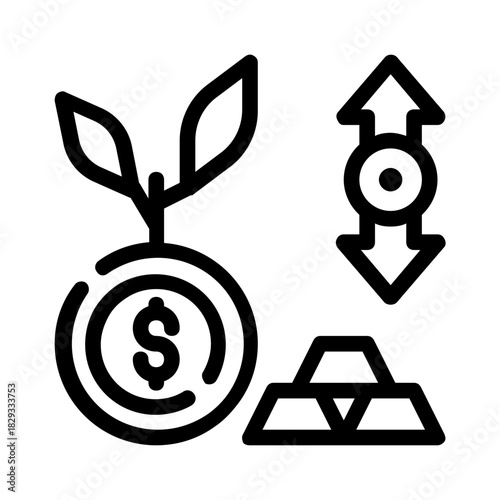 Growing money fluctuation and gold bar icons displayed, suitable for financial, investment, business concepts in presentations, websites, and advertisements.
