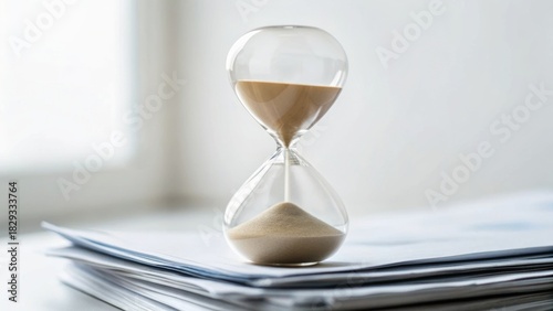 A glass hourglass sits atop a stack of papers, symbolizing the passage of time and the importance of deadlines in a serene environment.