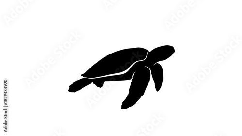 Swimming Sea Turtle Silhouette, Ocean Marine Life Symbol on Isolated White Background