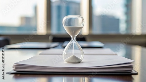 An hourglass sits atop a stack of papers, symbolizing the passage of time in a modern workspace with cityscape views in the background.