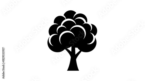 Stylized Tree Silhouette with Bushy Canopy, Nature and Environmental Icon on Isolated White Background