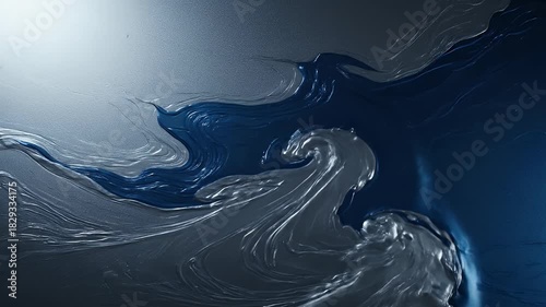 Abstract swirling metallic liquid texture with deep blue and silver gradients and subtle lighting effects